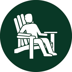 Fototapeta premium Minimalist Outdoor Relaxation Icon: Silhouette of Person Sitting in Adirondack Chair within Green Circle Graphic