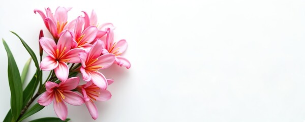 Fototapeta premium Pink lily flowers with green stems and leaves sit against a clean white backdrop. Delicate blossoms unfurl their petals, revealing vibrant orange centers.