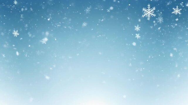 Slow-motion falling snow over a soft blue gradient sky, peaceful
