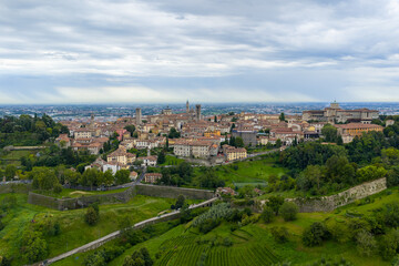 Fototapeta premium Aerial view of Città Alta hilltop cityscape - Bergamo, Italy