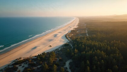 Aerial view of vast sandy beach meeting dense pine forest by ocean. Gentle waves lap shore under hazy, warm sunset sky. Serene natural landscape unfolds, with dunes and coastal vegetation.