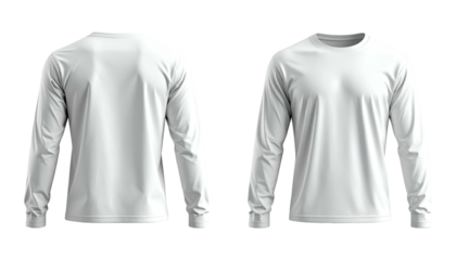 Front and back views of a plain white, long-sleeved shirt on a transparent background