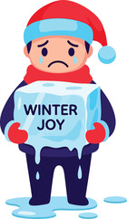 Sad freezing boy holding ice block Winter Joy flat cartoon vector illustration