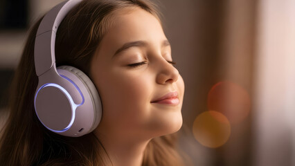Serene young woman enjoying music with futuristic glowing headphones