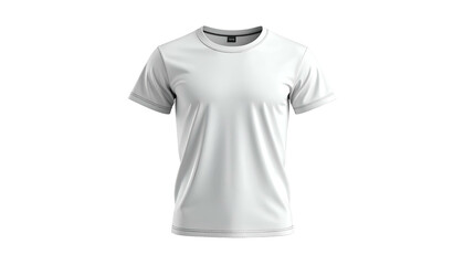 A plain white t-shirt, front view, isolated on black background, with visible collar