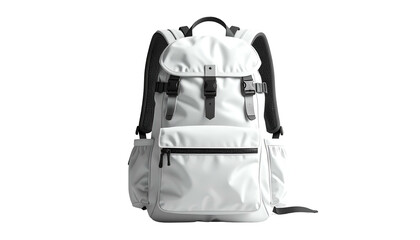 Rendered white backpack with black straps, buckles, and pockets against a black backdrop