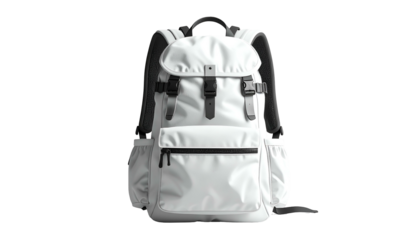 Rendered white backpack with black straps, buckles, and pockets against a black backdrop