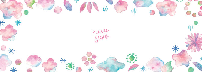 水彩画。水彩タッチの年賀状素材。和風の桜と椿の水彩ベクターフレーム。花の水彩年賀状テンプレート。Watercolor painting. Watercolor New Year's card material. Japanese-style cherry blossom and camellia watercolor vector frame. Floral watercolor New Year