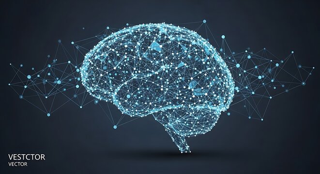 Digital Brain Network Illustration with Glowing Connections and Plexus Effect.