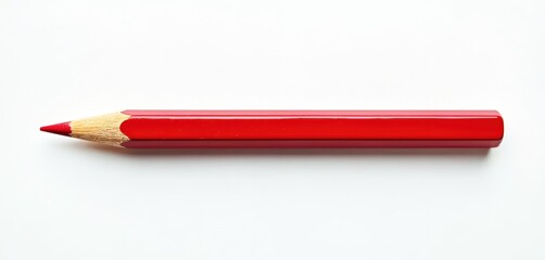 Single red pencil lies horizontally on clean white surface. Sharp point faces left ready for drawing. Basic art supply for creativity, education, and design.