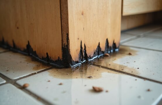 Wet wooden furniture leg is damaged and rotting from water. Mold grows on the wet wood. Dirty water pools on the tiled floor. Home interior needs repair.