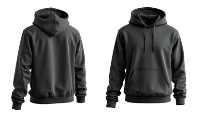 Two charcoal-gray hoodies, front and back views, isolated on a black background
