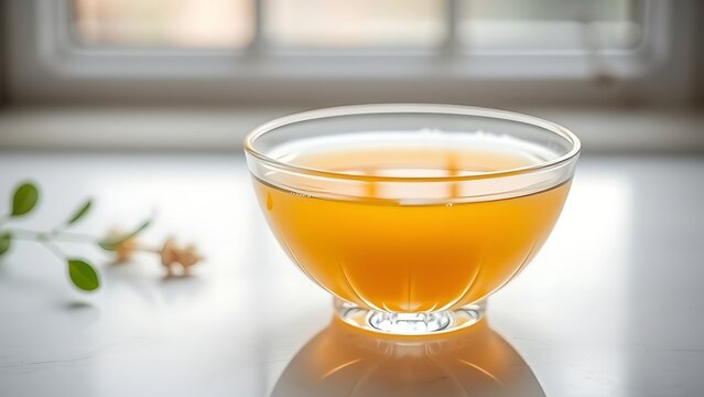 consomme. Crystal clear glass bowl filled with golden consomme soup, natural window lighting. menu design, packaging mockups, designed for food delivery and cloud-kitchen brand materials.