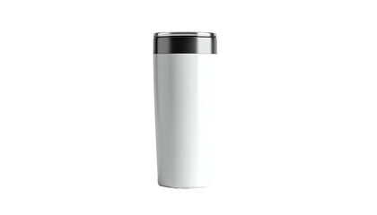 Sleek white cylindrical travel mug with a contrasting black lid and rim on a dark background