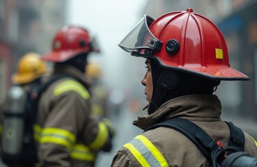 Firefighters in protective gear stand ready for disaster drill. Team members wear helmets, reflective stripes on jackets. Emergency responders prepare for training exercises in simulated hazardous