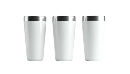 Three white insulated tumblers with silver rims stand in a row against a black background