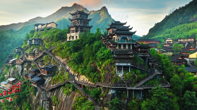 Beautiful ancient villages and traditional wooden buildings are built on the cliffs. The famous Wangxiang Valley Scenic Area is located in Jiangxi, China.