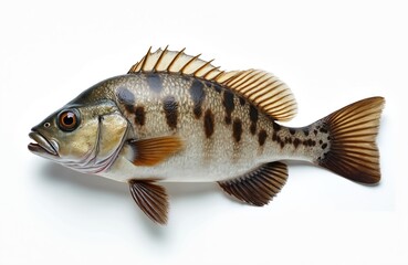Fototapeta premium One spotted fish displayed on clean white backdrop. This grouper is ready for market display or culinary use. It offers prime protein source for healthy eating.