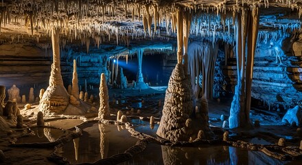 Stunning Cave Formations Illuminated by Blue and Yellow Lights Reflecting in Water.