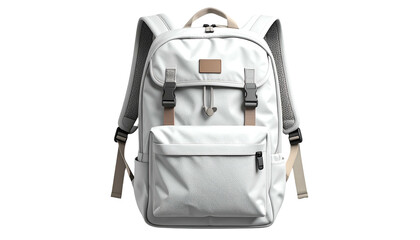 A white backpack with tan and grey accents, buckled straps, and a handle