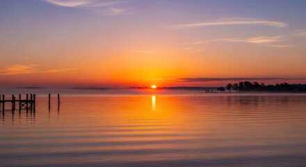 Fototapeta premium A serene, tranquil lake at sunset with a wooden dock and a lone boat, with a golden sun setting in the background.