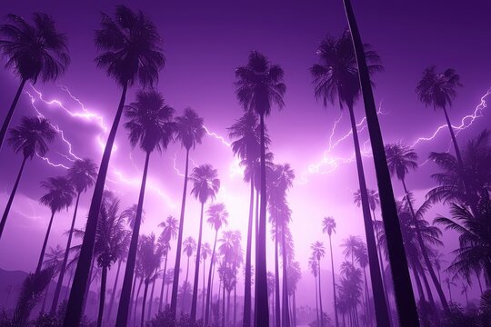 purple lightning storm illuminating palm trees with eerie glow for mysterious night landscape and atmospheric design