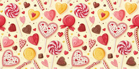 Colorful candy pattern featuring lollipops, heart-shaped candies, and chocolates on a soft pastel background.