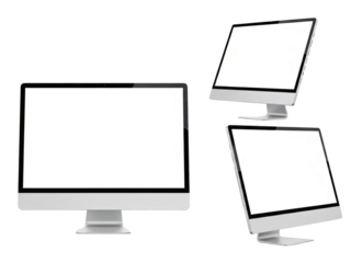 Realistic computer desktop monitor screen mockup set front and perspective view transparent background
