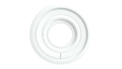 A white, circular object with concentric rings and a dark, irregular hole in center