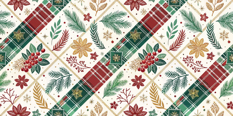 Colorful Christmas-themed pattern featuring holly, flowers, and plaid designs in festive red, green, and gold.