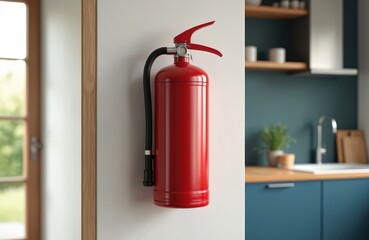 Obraz premium Red fire extinguisher mounted on kitchen wall. Safety equipment for fire prevention and protection inside domestic interior. Ready for emergency situations.