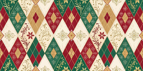 Colorful diamond-patterned fabric with festive floral designs in shades of green, red, and gold.