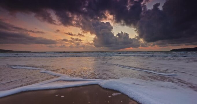 Tropical sunrise over the beach shore and sea, Scenic Cloudscape over Ocean waves video
