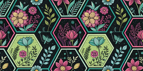Colorful floral pattern featuring hexagonal designs with vibrant flowers and leaves.