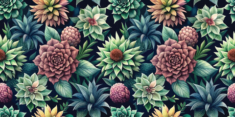 Colorful floral pattern featuring various succulents and foliage on a dark background.