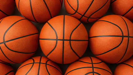Obraz premium A high-angle, close-up photograph features a tight arrangement of multiple basketballs, creating an abstract pattern that fills the entire frame.