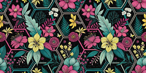 Colorful floral pattern featuring vibrant pink and yellow flowers with contrasting black background.