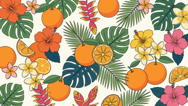 Vibrant Tropical Orange and Exotic Flower Seamless Pattern with Monstera Leaves, Summer Botanical Background Illustration