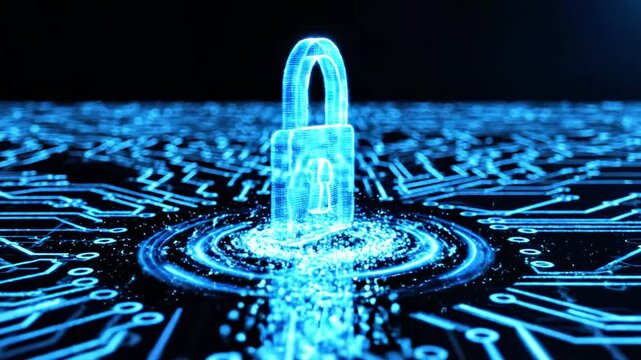 Blue digital padlock hovers above a neon circuit background symbolizing cybersecurity protection...