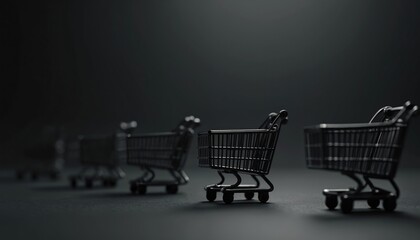 Row of miniature black shopping carts on dark gray surface. Empty trolleys lined up on matte backdrop. Retail, commerce, e-commerce concept.