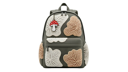 Gray backpack adorned with whimsical fungus appliqu?s, a red-capped mushroom adds charm
