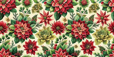 Colorful floral pattern featuring vibrant red poinsettias and green succulents in a seamless design.