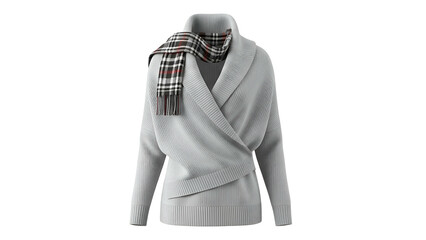 Soft, wrapped light-gray sweater with a checkered scarf draped around the neck