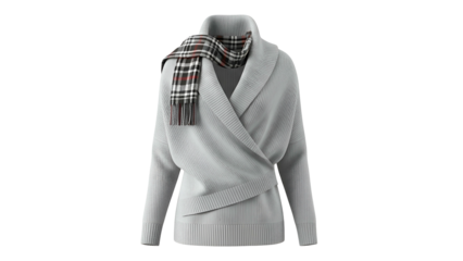 Soft, wrapped light-gray sweater with a checkered scarf draped around the neck