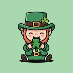 Cute Leprechaun Eating Shamrock for St. Patricks Day.