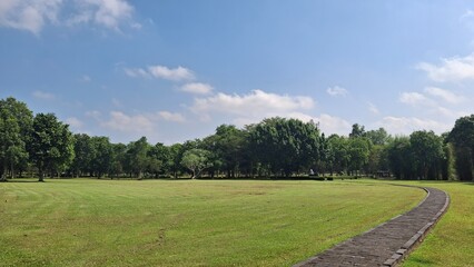 The photo shows a wide green park with a neatly trimmed lawn, a curved walking path, and many trees...