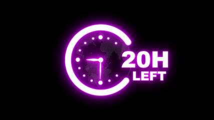 Glowing neon 20 hours left countdown timer clock animation. 20 hour left offer, business limited special promotion on alpha channel. Clock with moving arrows, world map on dark background. 4K video - Powered by Adobe