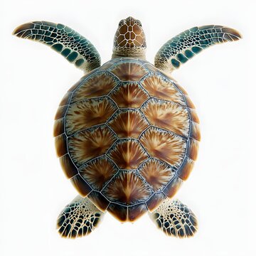 Sea turtle top view, detailed shell pattern, pure white background, 16:9