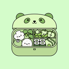 Cute Panda Bento Box Filled with Healthy Green Food.