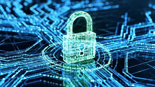 A luminous green padlock hovers amid shimmering blue circuit networks, symbolizing digital security